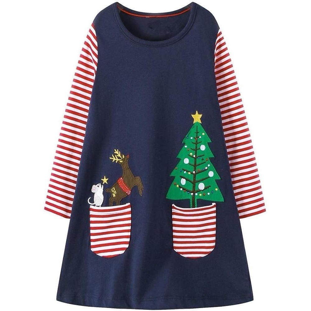 Toddler Girls 5t Cotton Long Sleeve Christmas Holiday Dress‎ Striped Sleeves